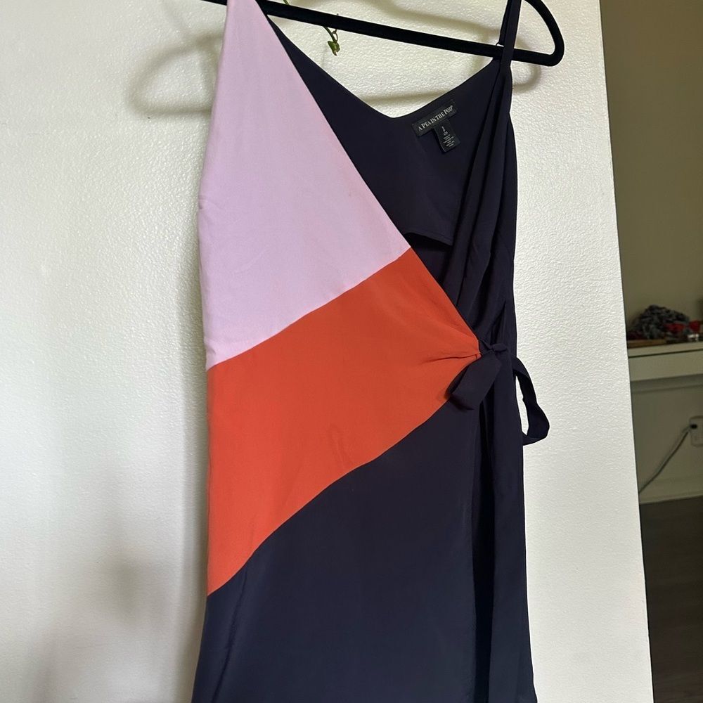 Crossover Waist Tie Top Women's S Small Navy Blue Pink Blouse
